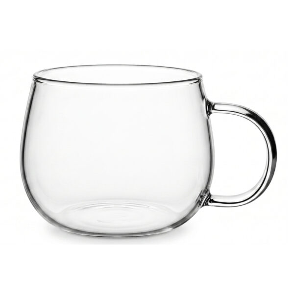 Taza de vidrio borosilicato 400ml con asa fondo blanco vista frente - Sorbo Perú